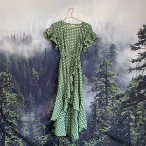 Max Studio Ruffle Crepe High/Low Wrap MIDI Dress in Green Size XS